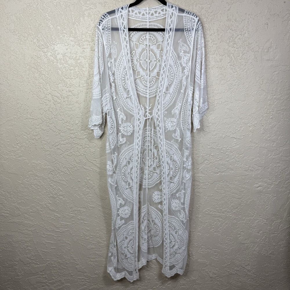 Womens Floral Lace Mesh Boho Duster Cardigan Sz XL Ivory Festival Resort Beach